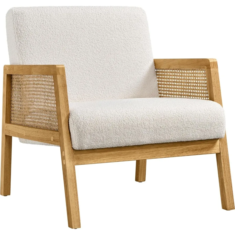 

Boucle Fabric Accent Chair, Vintage Rattan Vanity Chair with Wood Armrest and Legs for Living Room Bedroom Makeup Room