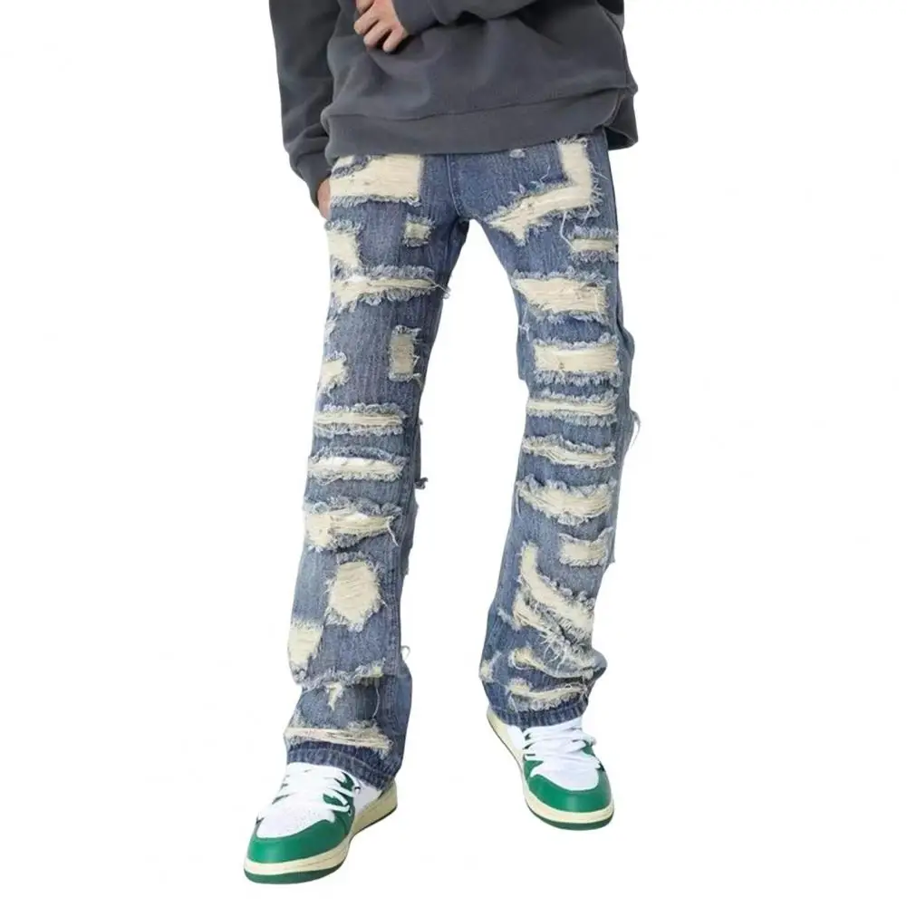 Deform-resistant Men Jeans Vintage Distressed Men's Denim Jeans with Deep Pockets High Street Style Straight-leg Trousers for A