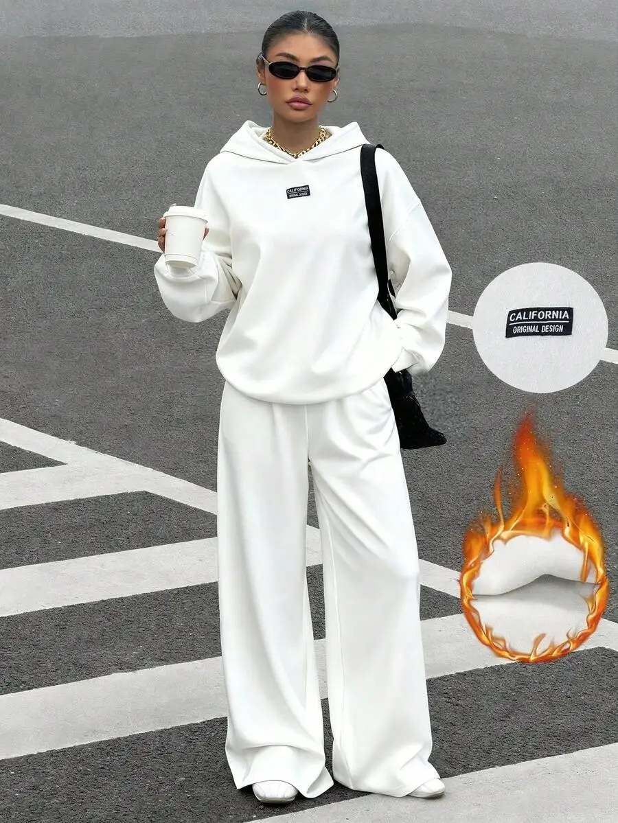 White Solid Color Hoodie And Wide Leg Pants Two Piece Set Casual Women Outfit