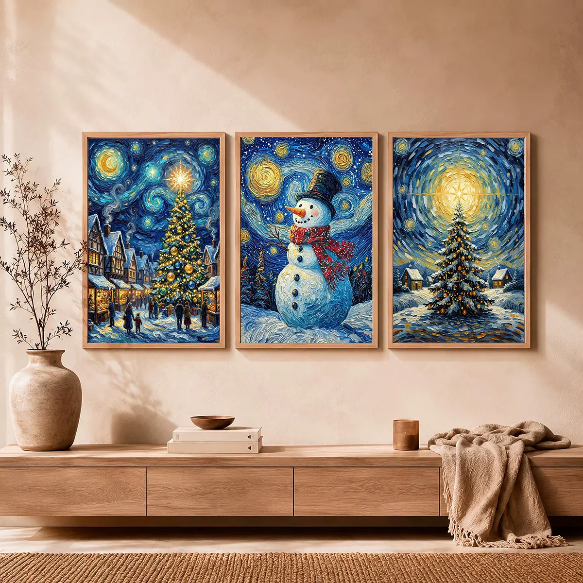 Van Gogh Style Christmas Tree Snowman Black Cat Canvas Wall Art Poster Unframed Whimsical Christmas Poster for Living Room Decor