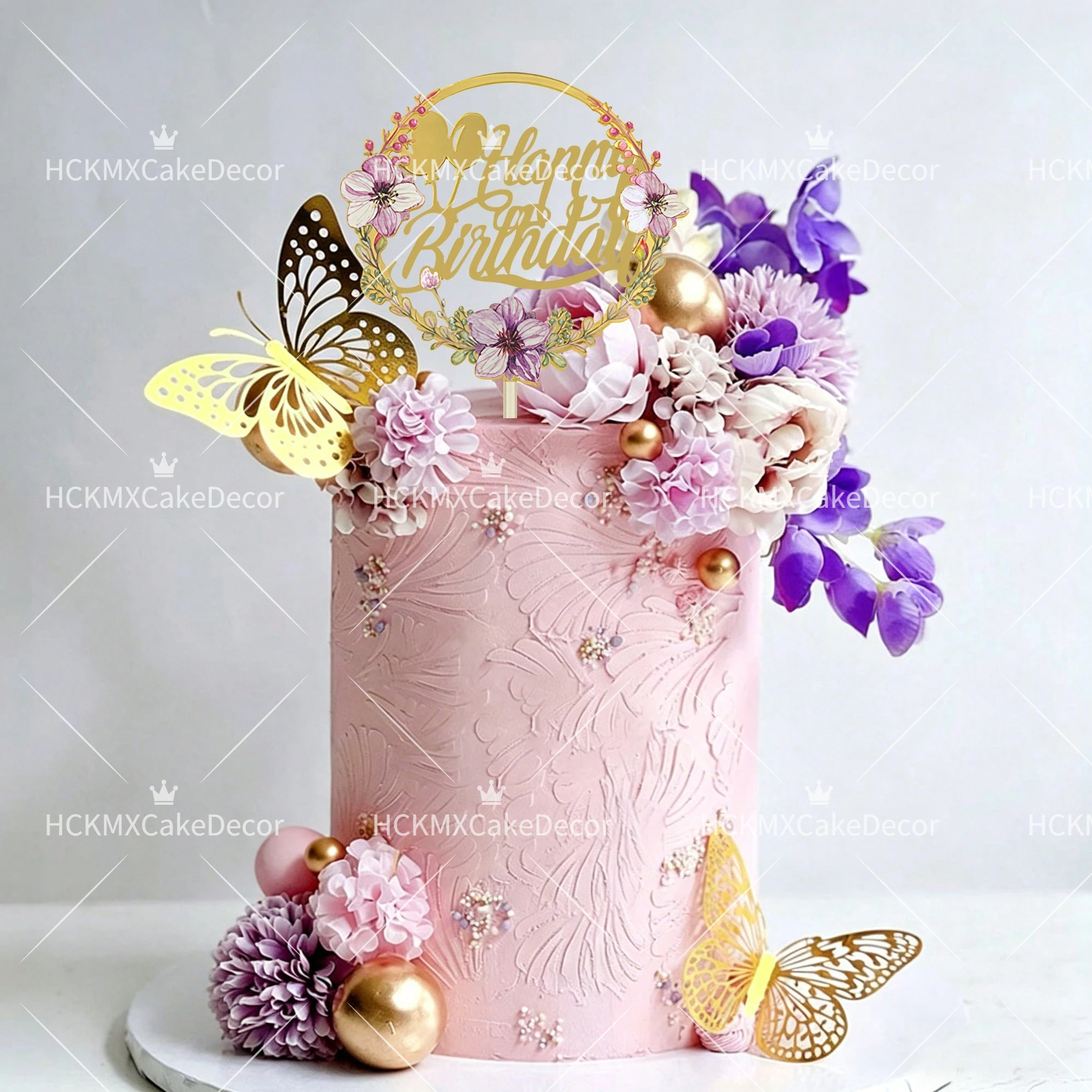 3-teiliger Blumenkranz Happy Birthday Tortendekoration Acryl Gold Spiegel Tortenstecker für Mädchen Frauen Geburtstagsparty Kuchendekoration – Detail 3