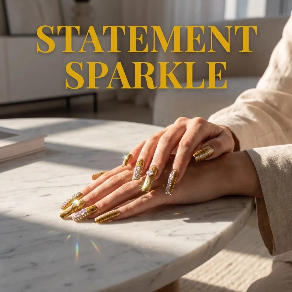 10pcs Long Cat Eye Nail Press on Acrylic Nail Reusable Gold Fake Nail Luxury Handmade Inverted Hook Style Manicure for Woman