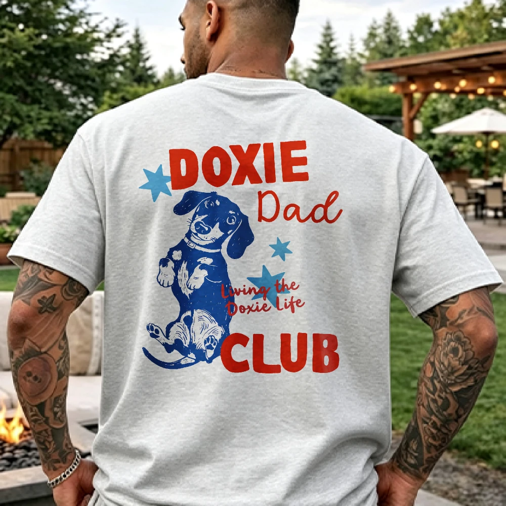 Customizable Doxie Dad Club T-Shirt, Retro Star Dachshund Wiener Dog Back Print Cotton Shirt for Men Father's Day Dog Dad Gift