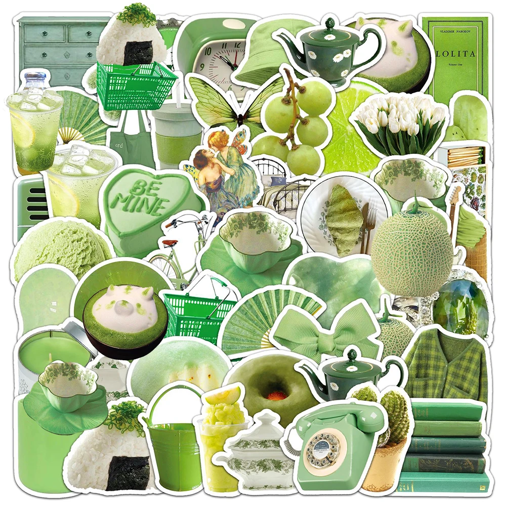 

10/30/50pcs INS Green Decoration Stickers Aesthetic Artsy Cartoon Decal Waterproof DIY Laptop Stationery Diary Cute Sticker Pack