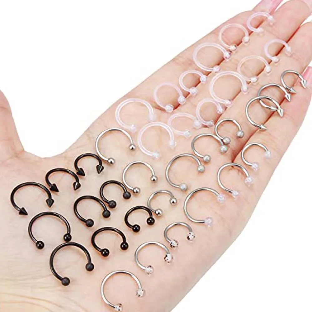 36PCS Horseshoe Barbell Surgical Steel Nose Septum Rings Hoop Daith Earring Eyebrow Tragus Vertical Lip Piercing Jewelry