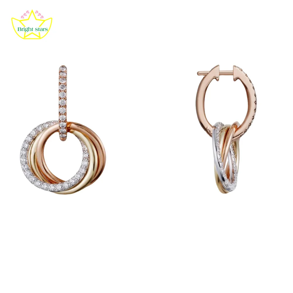 

Bright Stars S925 sterling silver three-color three-ring semi-diamond earrings light luxury fashion women earring