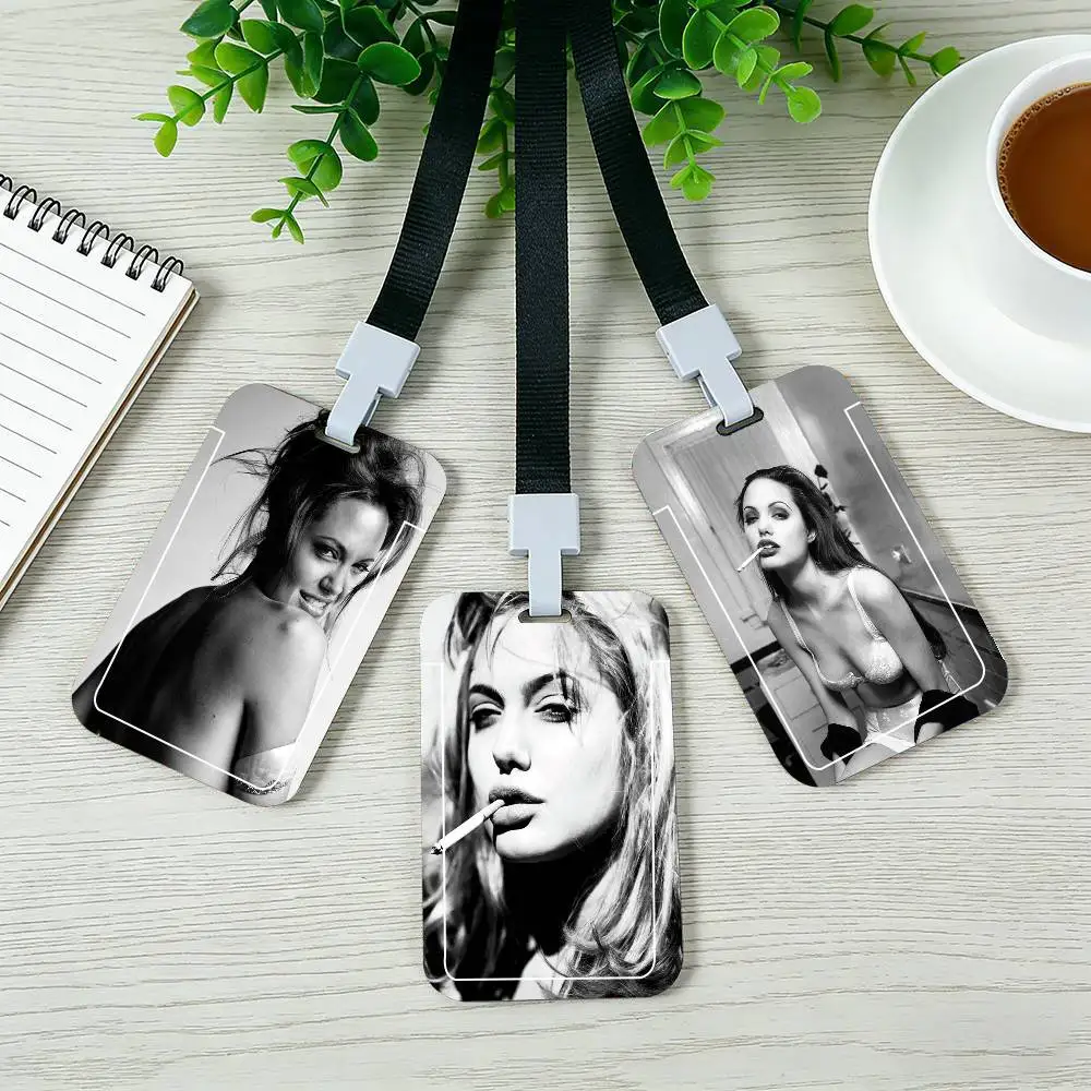 A-Angelina Jolie Card Holder Cardcase Bus Subway Work Permit Student Lanyard Neck Straps Badge Holder Door Card