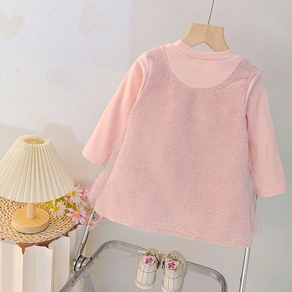 Baby Girl Dresses Autumn New Flower Pattern Solid Color Mesh Simple Baby Girl Clothes Cute Casual Girl Kid's Dress