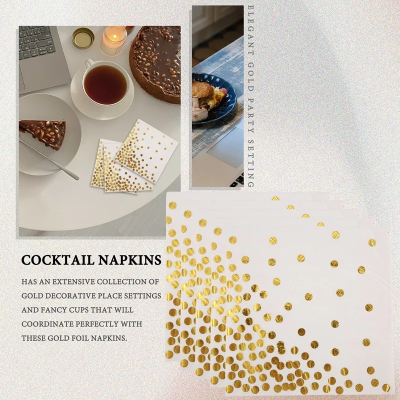 Gold Dot Cocktail Napkins (50 Pack)3-Ply Paper Napkins With Gold Foil Polka Dots Perfect For Birthday Party, Baby Shower, Bridal