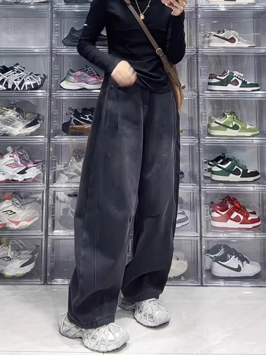 

High Waist Wide Leg Jeans Women's Spring Season plus Size Pear ape Body Loose Fit Straight Cut Denim Pants Asymmetrical Kni...