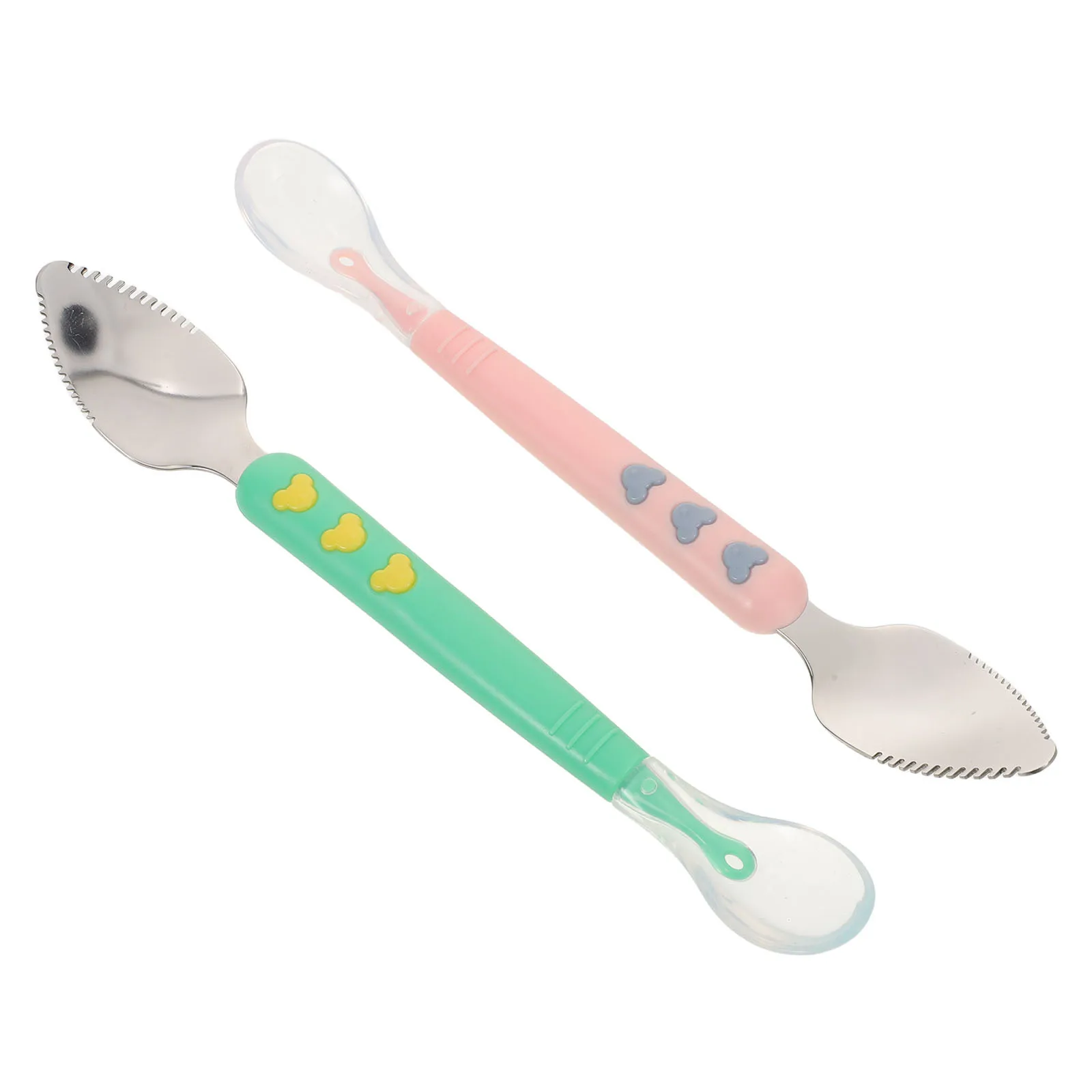 2 قطعة مزدوجة رئيس الطفل سيليكون ملعقة للتغذية الرضع الفطام الأساسية الفاكهة مكشطة لينة طفل التدريب أواني الغذاء الطين ملعقة