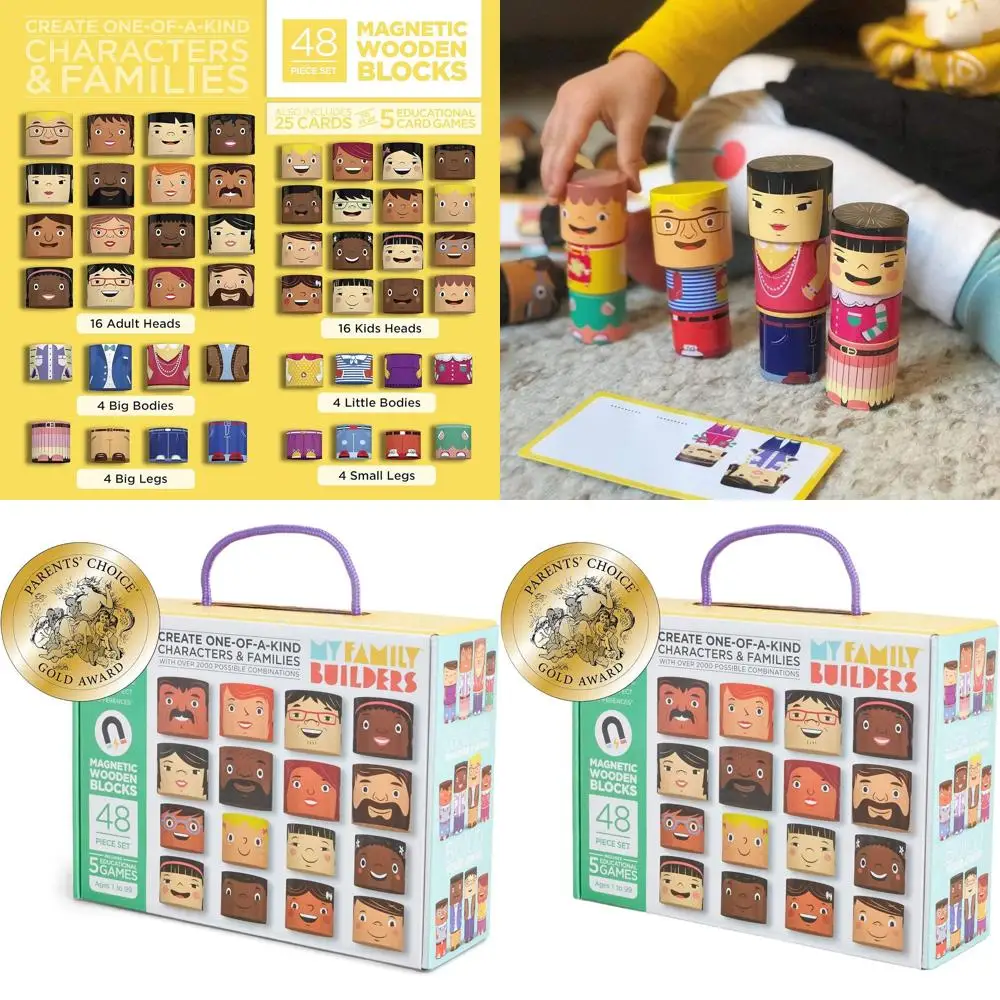 مكعبات خشبية مغناطيسية متنوعة مكونة من 48 قطعة - مجموعة لعب عائلية متعددة الثقافات للأطفال الصغار من سن 1+