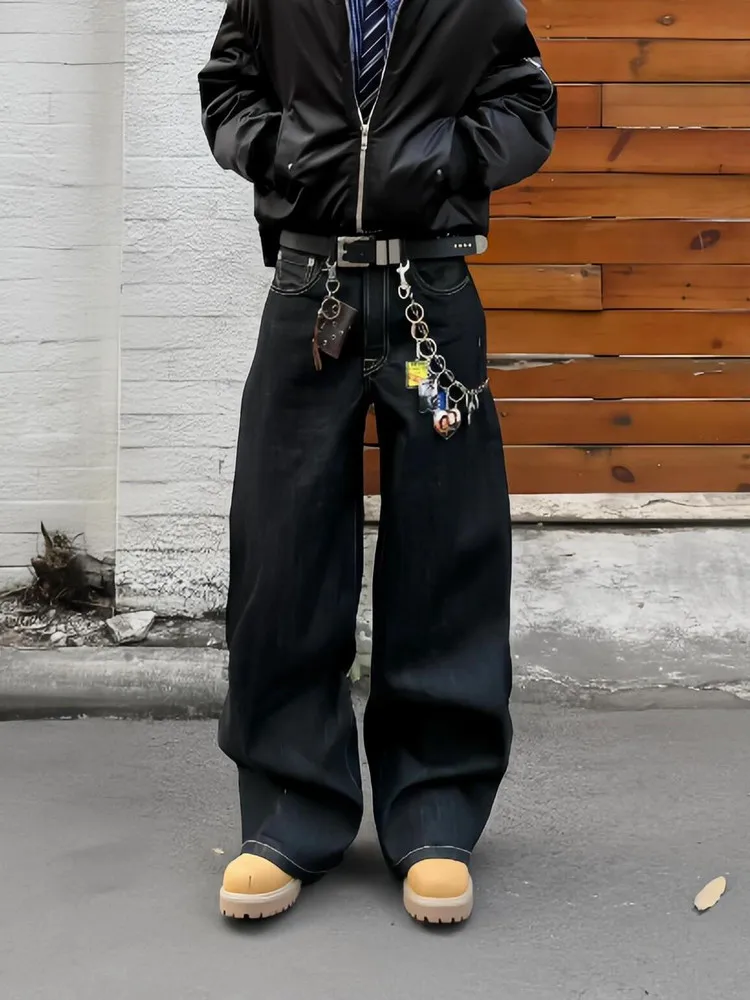 

Retro American Vibe Distred Original Jeans Men's Straight Loose Wide Leg Floor Length Pants Youth Casual Wear All Seasons