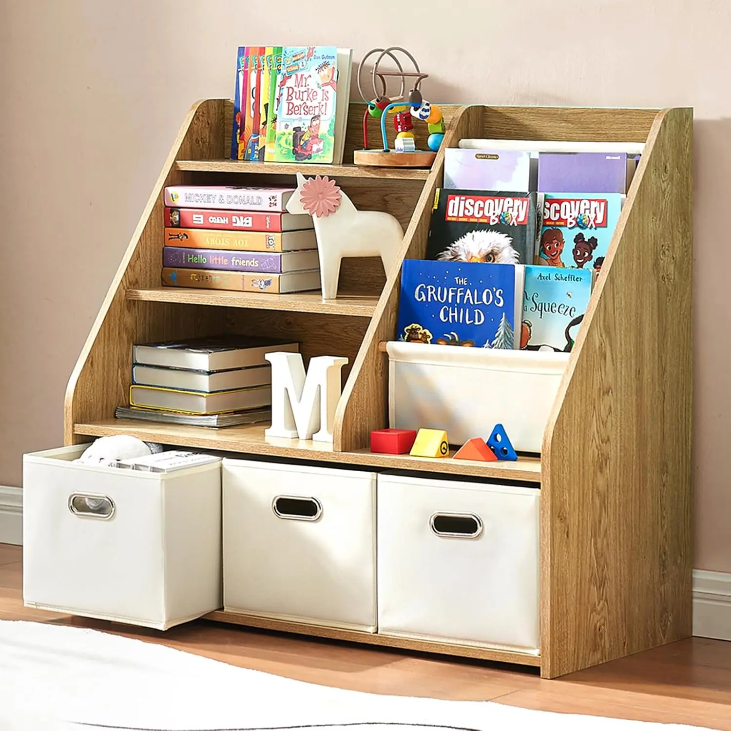 Montessori Wood Bookshelf & Toy Storage with 3 Fabric Bins & Sling Rack for Baby Toddler Nursery Playroom, Customized