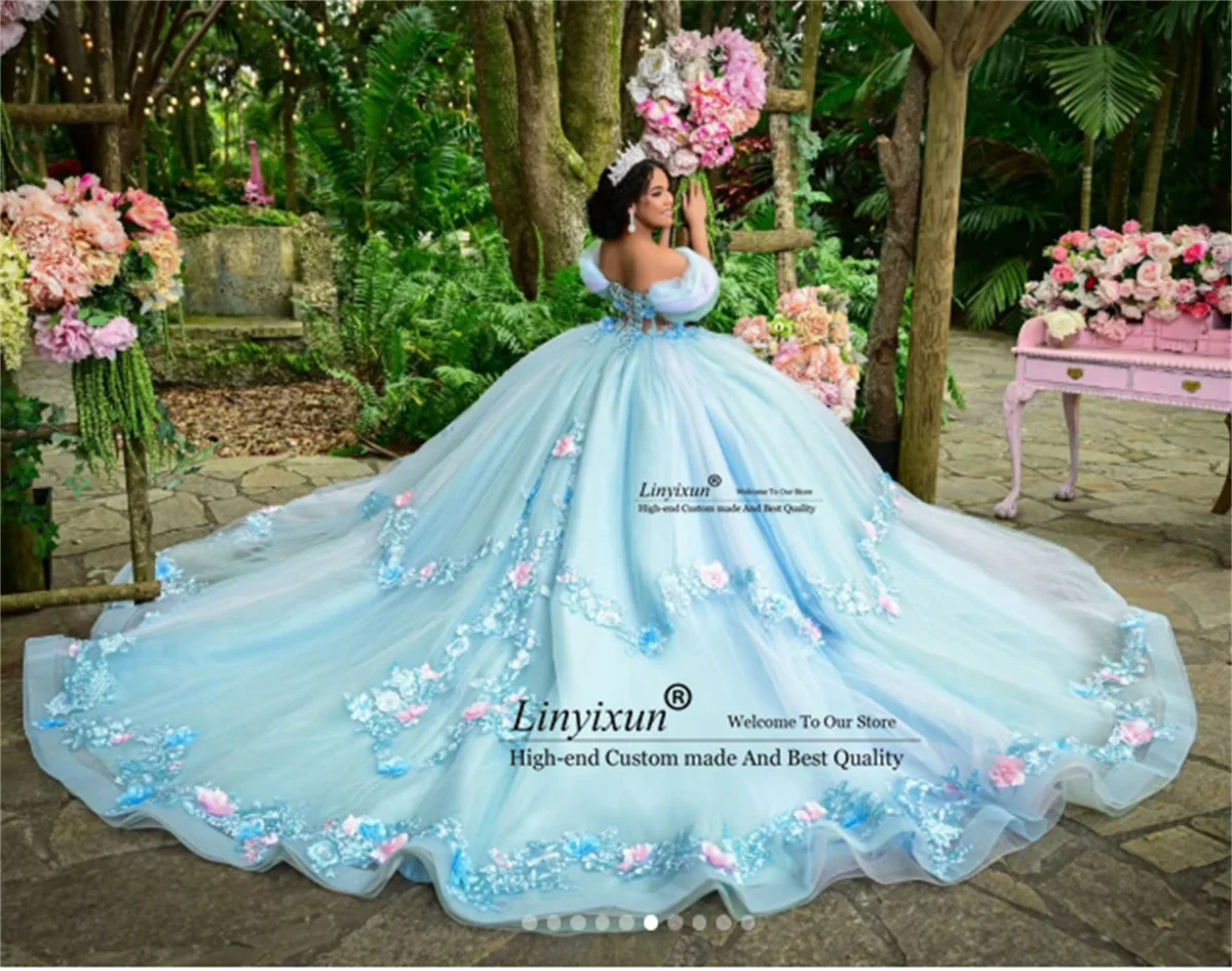 Meksykańskie aplikacje 3D na sukienki Quinceanera, szyte na miarę suknie balowe Sweet 16 z odkrytymi ramionami, sukienki Vestidos De 15 XV Anos z odkrytymi ramionami