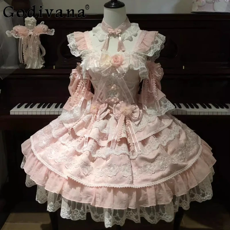 

Sweet Lolita Pink Dresses JSK 2025 New Japanese Style Girl's Slim Fit Elegant Princess Dress Woman's Y2K Cos Dress Vestidos