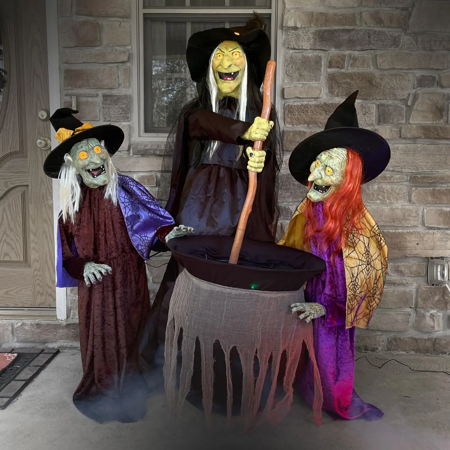 Motion-Activated Wicked Sitchwick Sisters, Plug-in Talking Scare Halloween Animatronics for Indoor or Covered