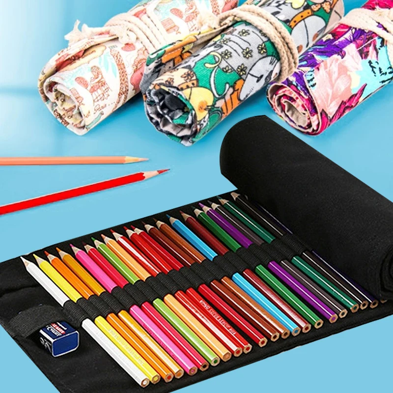 

24/36/48/72 Holes Canvas Roll Pen Curtain Pencil Bag Case Colored Pencil Holder Storage Pouch Kawaii School Stationery Organizer