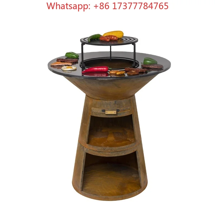 Patio Backyard Garden Picnic BBQ Plancha Grill, Rust Color Corten Steel Multi Functions Wood Burning Barbecue Brasero