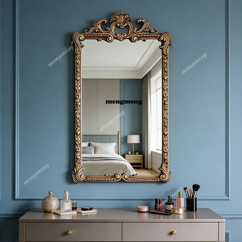Best seller European retro carved fireplace mirror living room decoration French makeup mirror wall hanging bathroom dressing mi