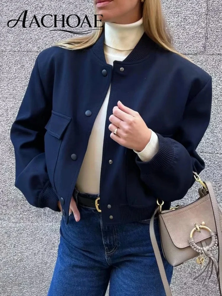 AACHOAE Women's Utility Pocket Bomber Jacket Cropped Snap Button Coat Rib Knit Baseball Collar Casual Outerwear