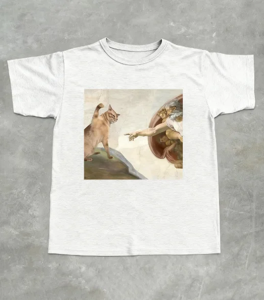 تي شيرت نسائي جديد لعام 2025 بتصميم رسم زيتي إبداعي على شكل قطة إنترنت مضحكة برسومات ميمي مطبوعة برقبة دائرية