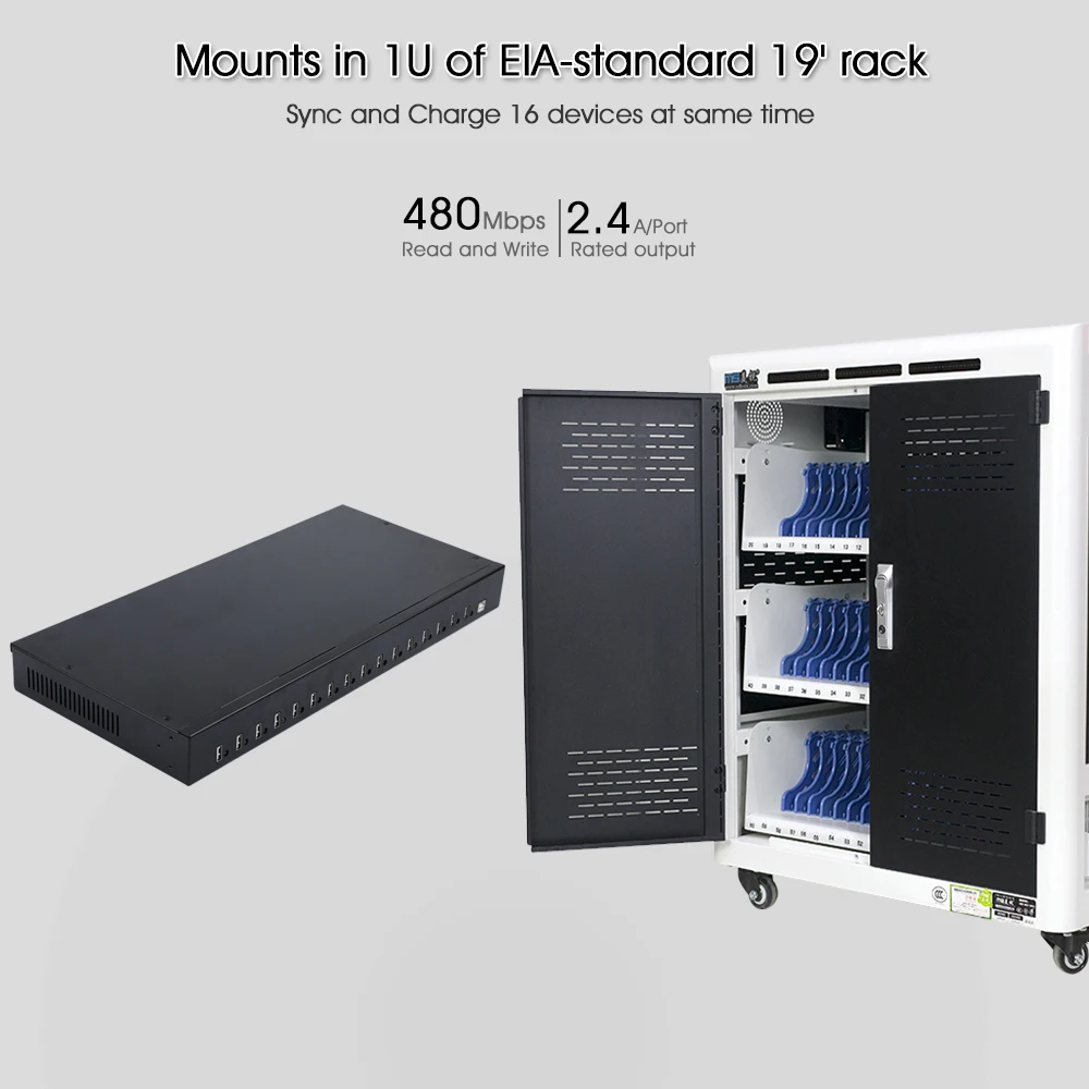 Good Sipolar A-165 Multi-Port 16 Port USB Hub Mountable 19" Rack 1U Charging Station 200W Powered for Cellphone Smart Phone Trol view 3
