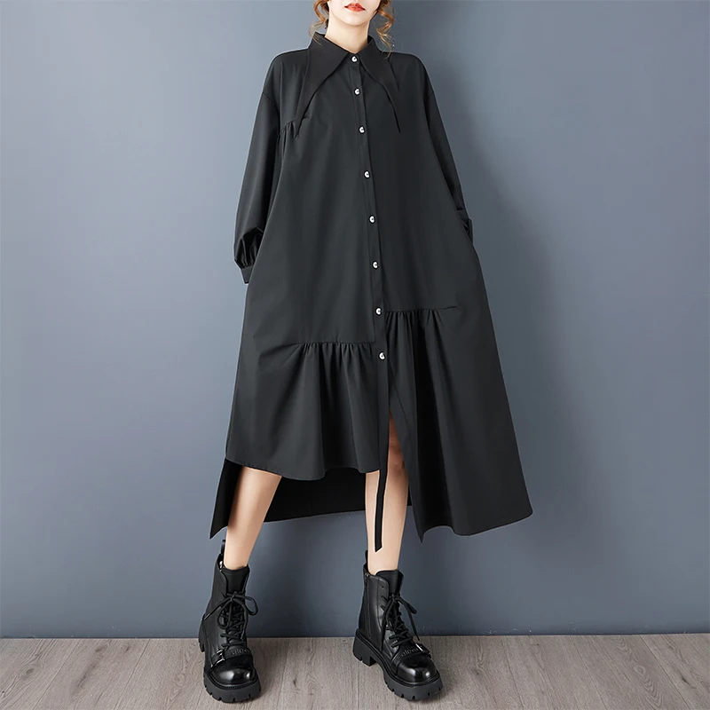 فستان ربيعي أنيق بتصميم غير منتظم وخصر فضفاض يُظهر النحافة، مقاس كبير، فستان قميص بطول الركبة مع أزرار #1