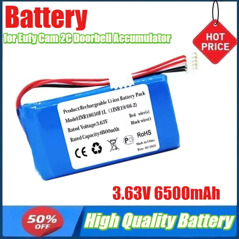 

3.63V 6500mAh Battery for Eufy Cam 2C Doorbell Accumulator INR18650F1L 1INR19/66-2 with 5-wire Plug Li-ion Battery