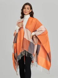 New Imitation Cashmere Women Plaid Tassel Vintage Poncho Split Scarf Winter Warm Shawl Wrap Female knitted Cloak Thick Blanket