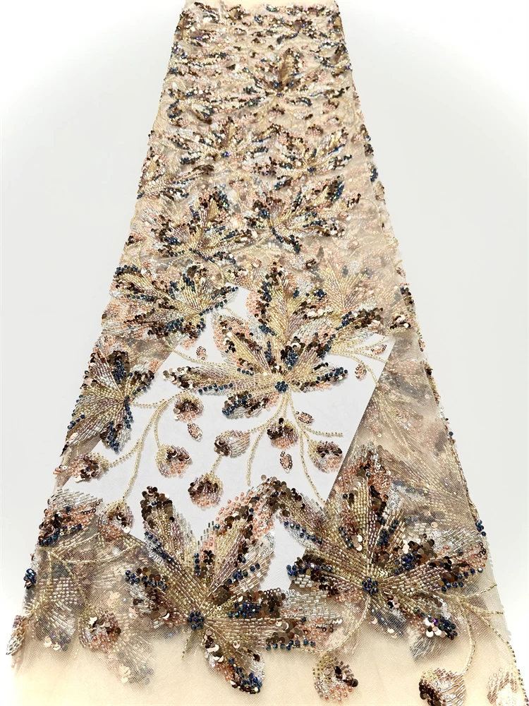 

Высококачественная роскошная французская вышивка, тяжелые бусины для жениха, кружевная ткань с блестками, 5 ярдов, материал высокого качества для вечерних платьев