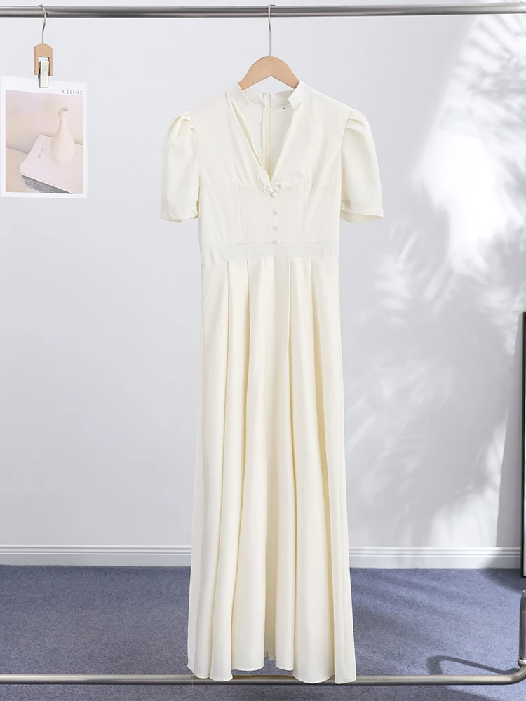 Tief Ausgeschnittenes Tailliertes Langes Kleid mit Weitem Rock für Damen Sexy Puffärmel Einfarbiges Schlankes Abendkleid Charmante Damenkleider – Detail 3