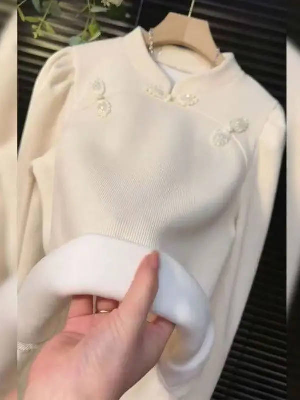 

New Chinese Style National Trend Beige Fleece Women's Design Unique Attractive Base Layer Parka Coat Warm Stylish Inner Jacket