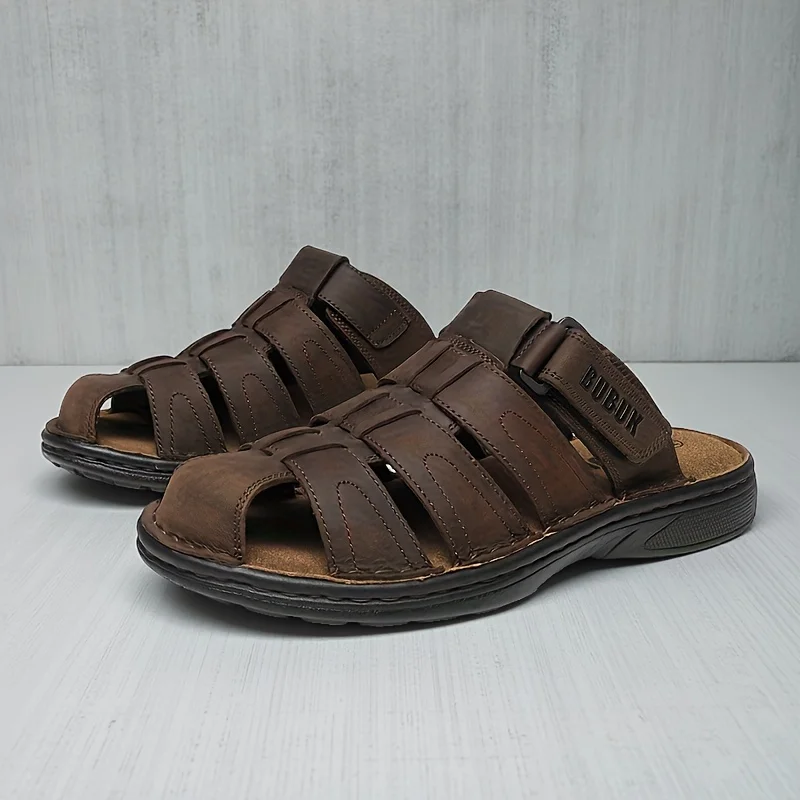 صنادل صيفية رجالية كاجوال عصرية جديدة من جلد البقر من الطبقة الأولى، قابلة للتعديل، غير قابلة للانزلاق، مناسبة لجميع المواسم، أحذية شاطئ مريحة بنعل ناعم