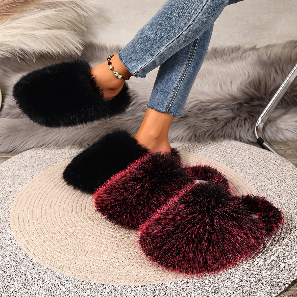 

Женские модные меховые тапочки, пушистая милая плюшевая обувь, женские роскошные новые зимние уличные нескользящие тапочки на плоской подошве, женские шлепанцы