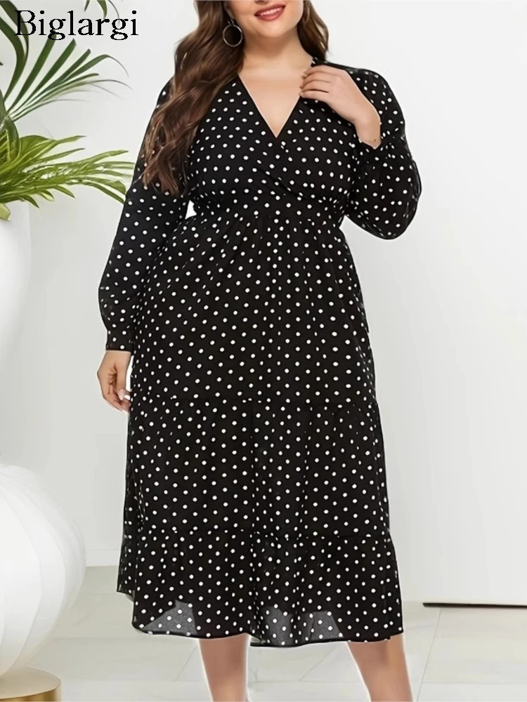 Plus Size Autumn Polka Dot Print V-Neck Dress Women Ruffle Pleated Fashion Slim High Waist Ladies Dresses Loose Woman Dress