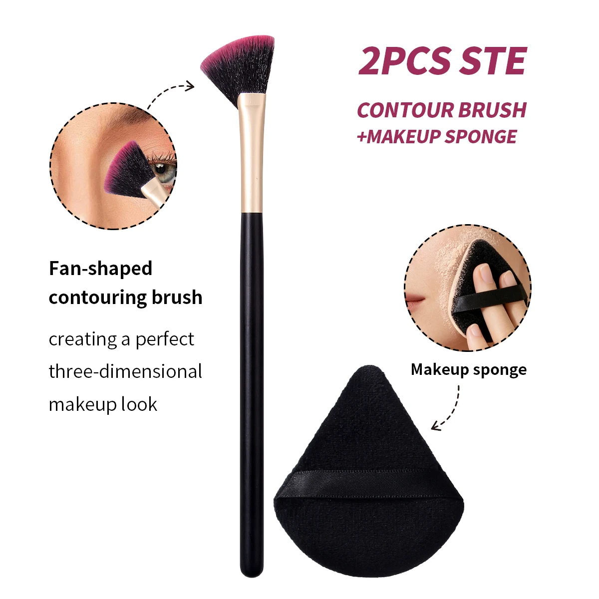2PCS Fan‑Shaped Contour Brush Set for Face Sculpting, Stereo Face Shading, Super Soft Makeup Tool With Makeup Sponge