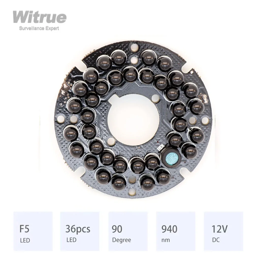 Witrue IR LED Board 36 Grain 940nm 90 Degree Diameter 53MM DC 12V 0.25A CCTV Accessories for 2.8MM 3.6MM 4MM 6MMLens