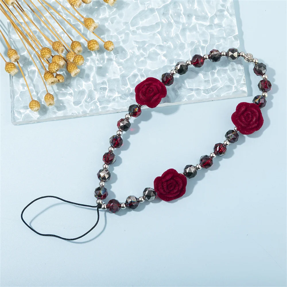 Wine Red Rose Flower Phone Chain Charm Resin Beads
