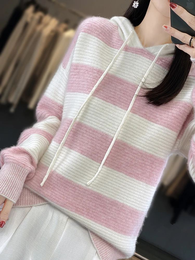 Autumn and Winter New 100% Pure Wool Hoodie Women's Stripe Color Block Pullover Sweater Versatile Slim Fashion Trend Knitwear To