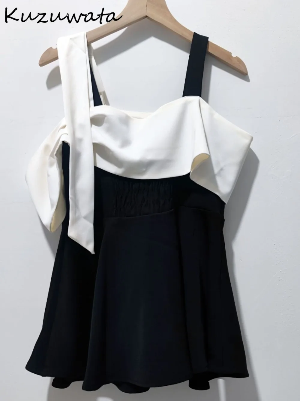 

Kuzuwata Casual Vintage Literary Panelled Shirts All-match Slim Pullover Big Swing Blouses Japan Bow Slash Neck Minority Blusas