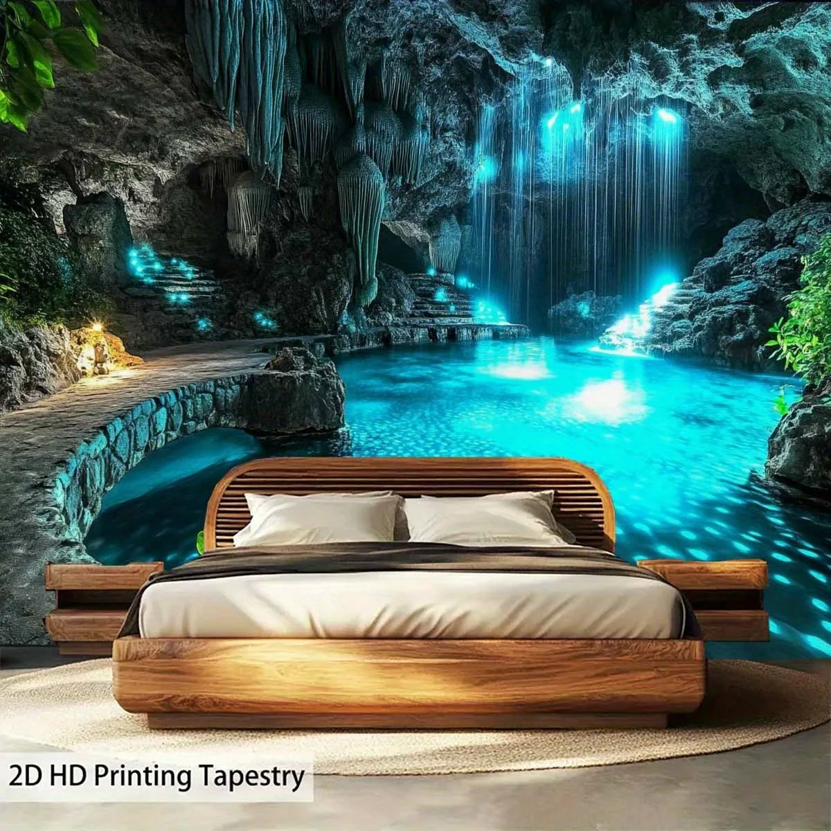 Serene Hidden Cave Landscape Tapestry, Glowing Blue Underground Waterfall Lake Mystic Scenery Wall Cloth Home Peaceful Backdrop