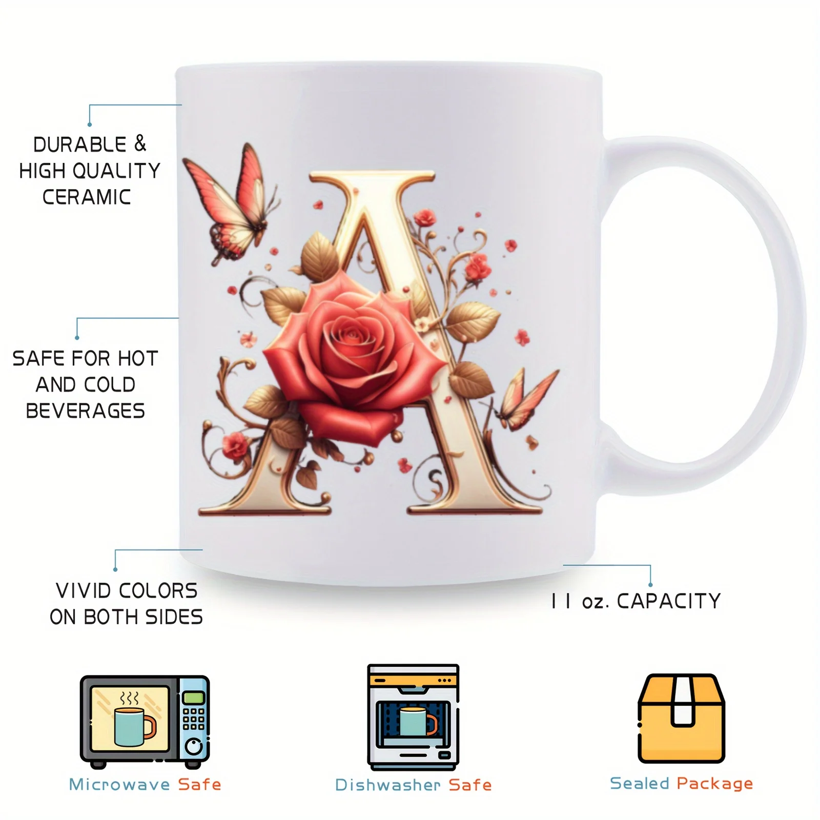 Letter Floral Pattern Ceramic Coffee Mug 11oz Microwave Safe Holiday Gift Friend Family