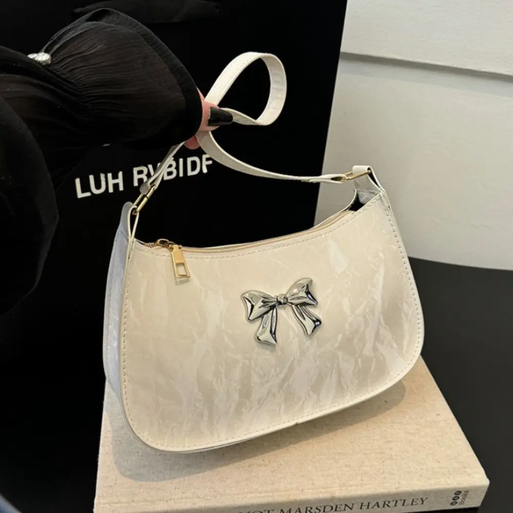 Trendy Korean Bowknot Armpit Bag Pu Leather Y2k Bow Underarm Bag Solid Color Sweet Women's Handbag Lady