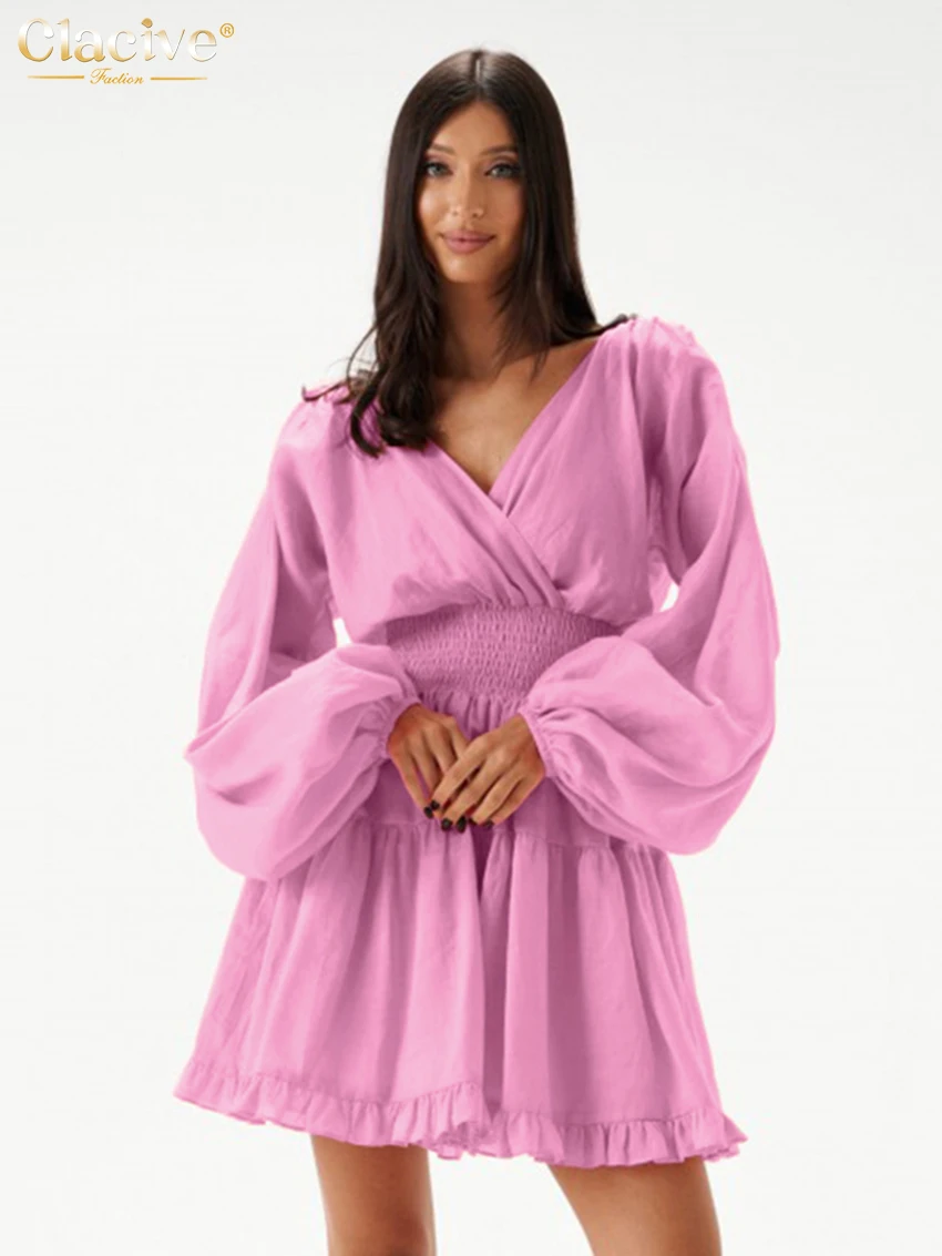 

Clacive Fashion Loose Pink Women Dress 2025 Sexy V-Neck Long Sleeve Mini Dresses Elegant Classic High Waist Pleated Female Dress