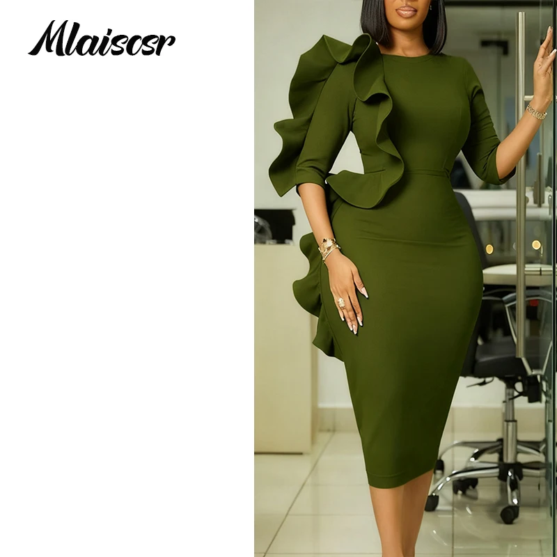 Mlaiscsr O Neck Ruffle Peplum 3/4 Sleeve Package Hip Mid Dress Women Elegant Occasion Birthday African Wedding Vacation Gowns