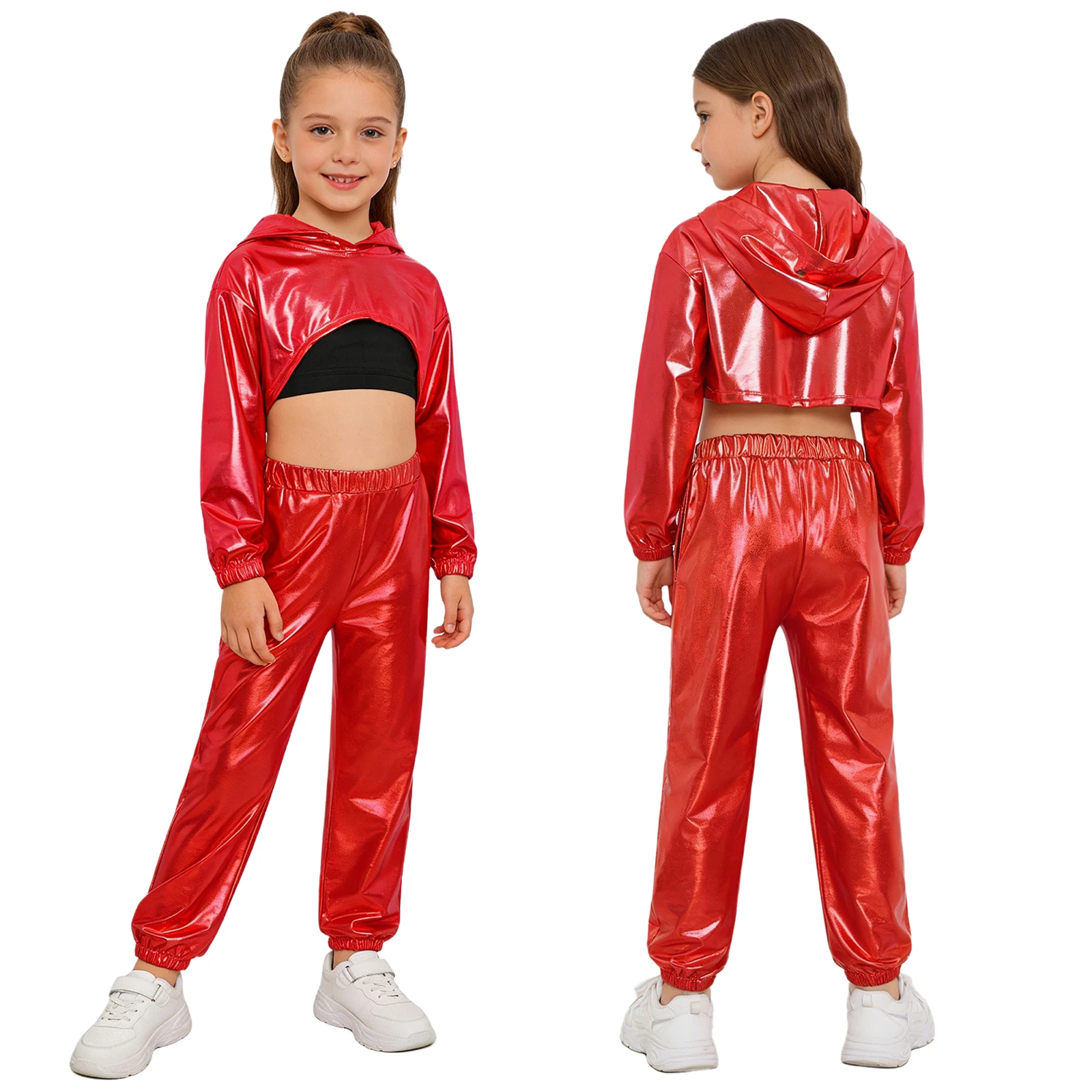 Girls Metallic Shiny Hip-Hop Jazz Street Dance Outfit Long Sleeve Cropped Hoodie with Vest Pants for School Stage Performance