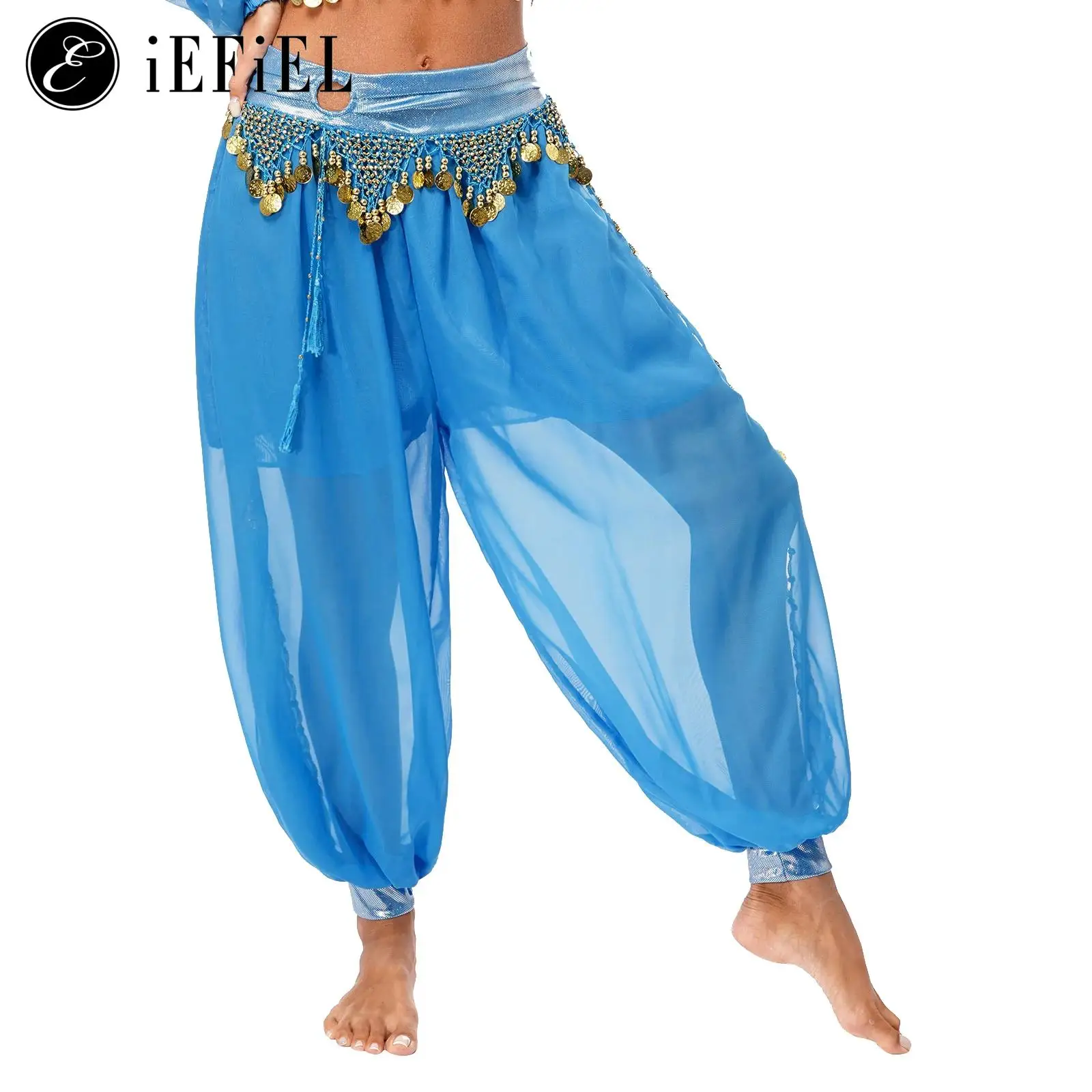 Womens Arabian Princess Costume Shiny Harem Pants Belly Dance Stage Performance Trousers Indian Bollywood Fairy Tale Dress Up