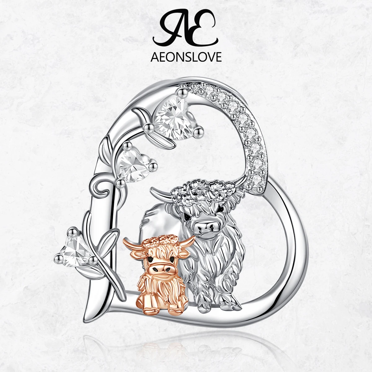 

AEONSLOVE 925 Sterling Silver Mother and Baby Heart Necklace CZ Highland Cow Pendant Family Jewelry Mother's Day Gifts for Women