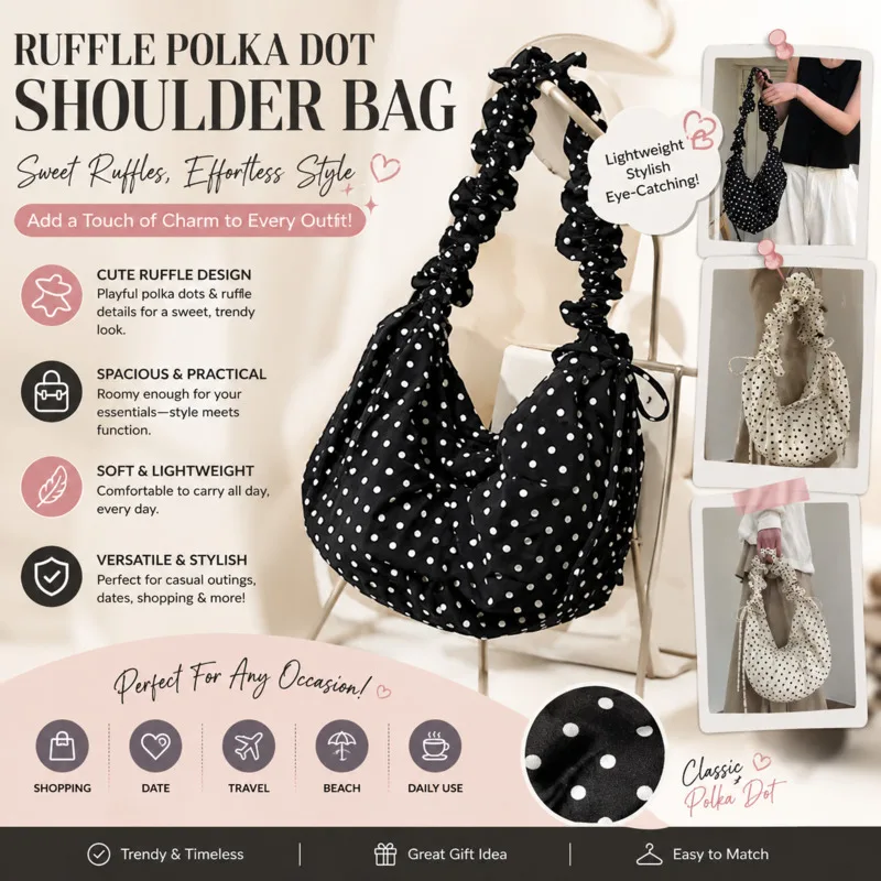 Women Handbag Polka Dot Ruffle Hobo Shoulder Bag Korean Ins Style Soft Crescent Crossbody Bag Lightweight Purse Women Daily New
